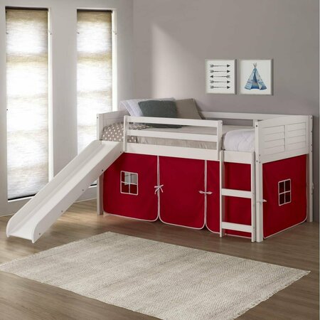 KD GABINETES PD-790ATW-R-785W Twin Size Louver Low Loft with Slide & Red Tent in White KD3175083